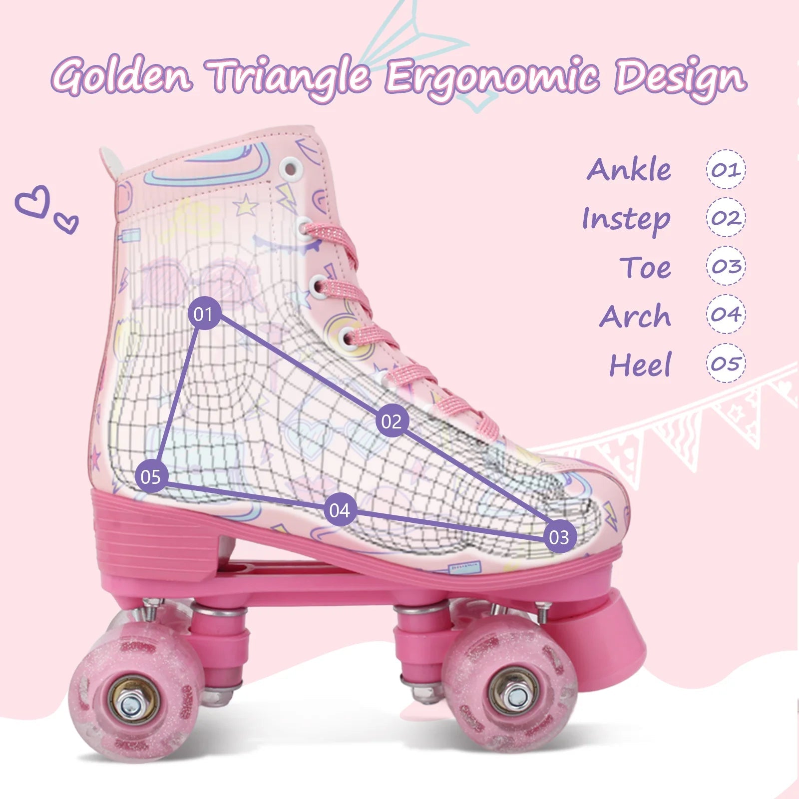Double-row quad roller skates with flashing wheels for women and girls
